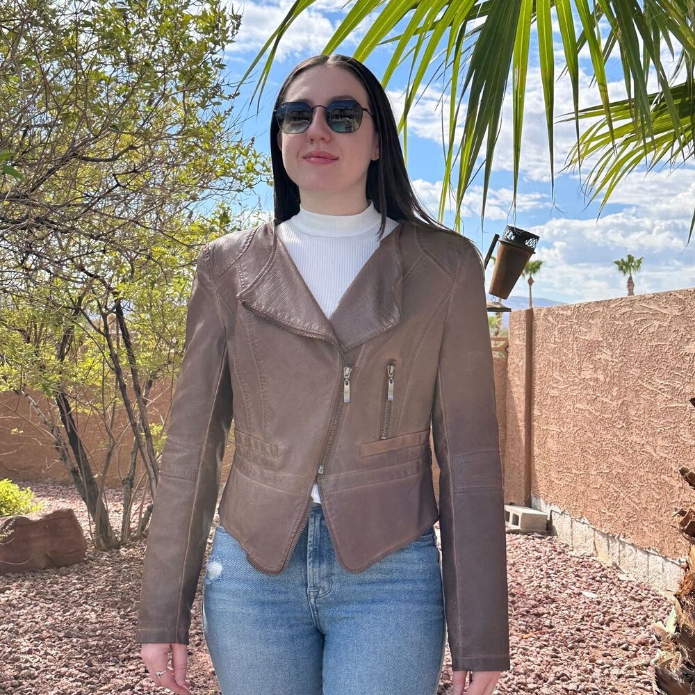 One Community Women's Medium Faux Leather Moto Biker Jacket Brown Zipper